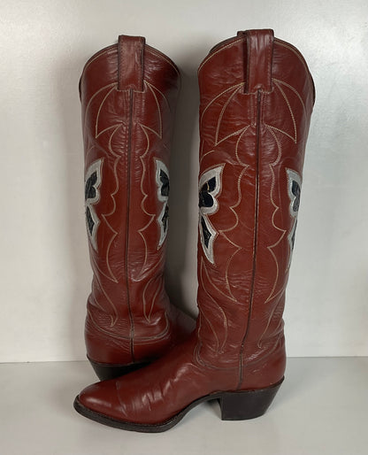 Vintage Justin 18” Butterfly Cowgirl Boots 5.5 C Snakeskin Inlay 70s