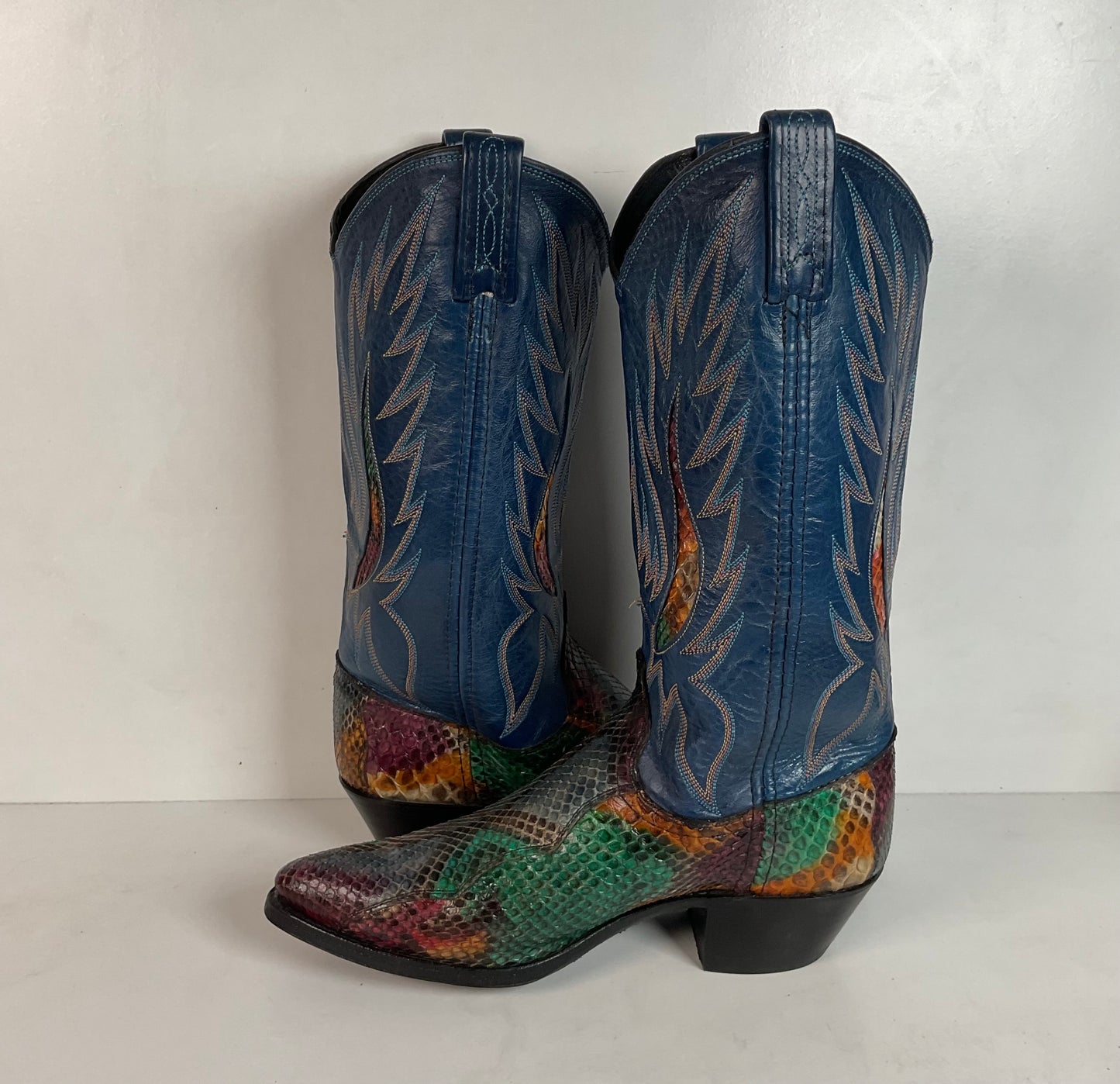 Vintage Dan Post Rainbow Python Cowgirl Boots 8 M Front Cut Tooled Inlay