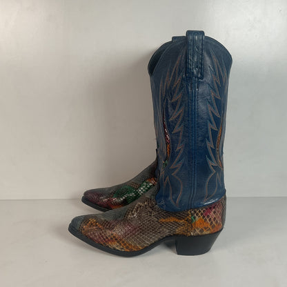 Vintage Dan Post Rainbow Python Cowgirl Boots 8 M Front Cut Tooled Inlay