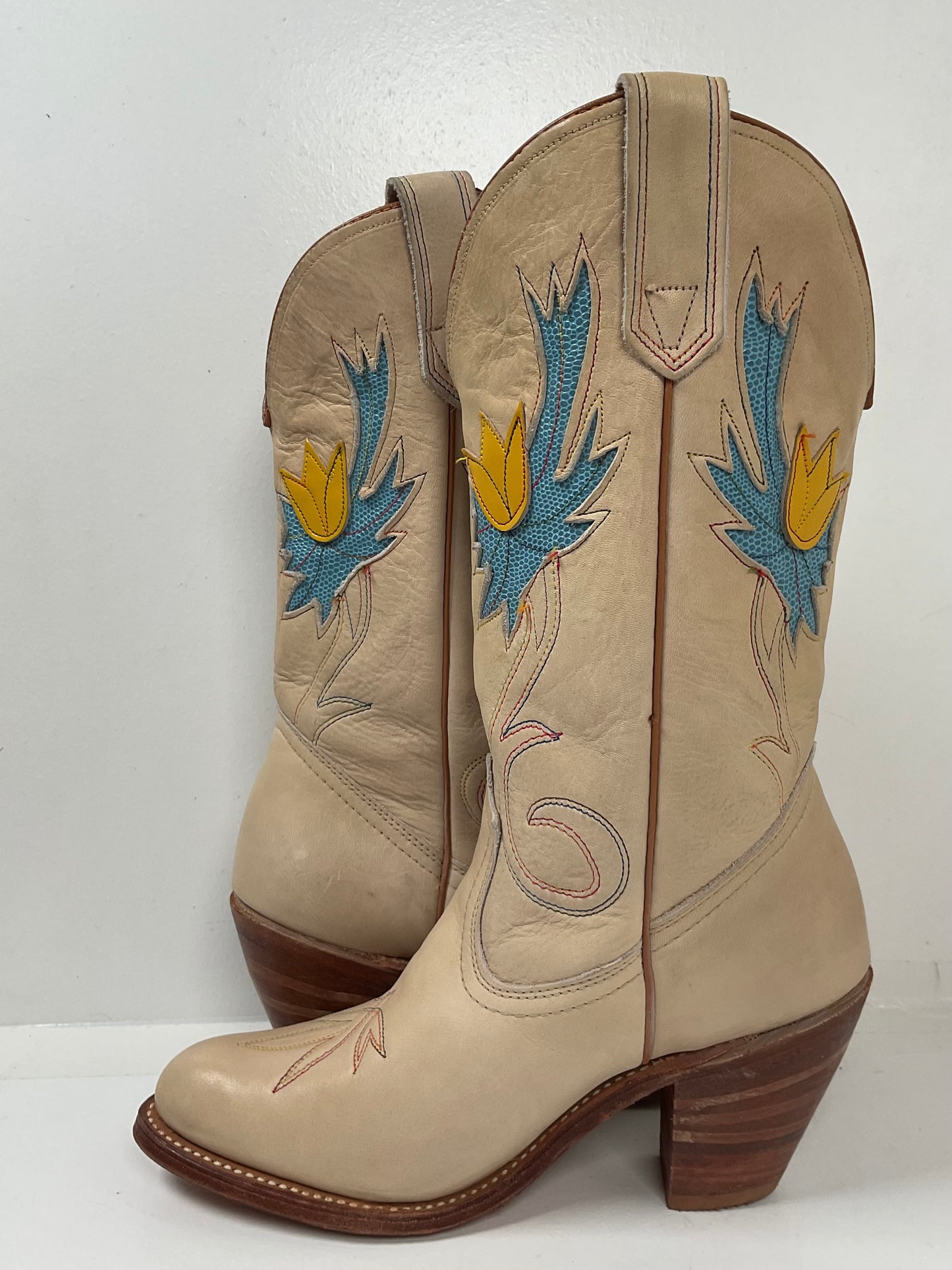 Vintage Miss Capezio Tulip Cowgirl Boots 7.5 M USA Made Rainbow Stitched