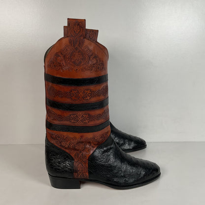 Vintage Lorenzo Banfi Ostrich Quill Bucket Boots | Tooled | Exotic | Men’s 9 M