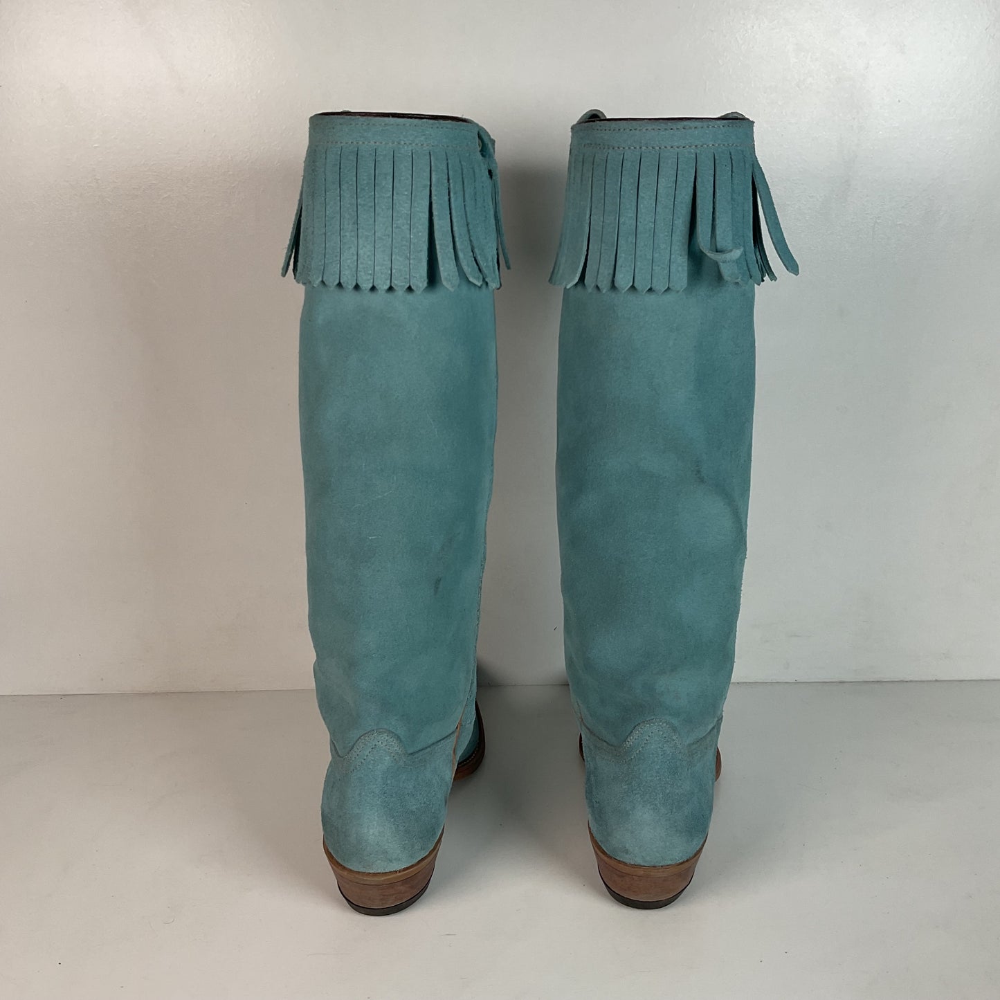 Vintage Wrangler 16.5” Rough Out Suede Cowgirl Boots 6.5 M Fringe Powder Blue