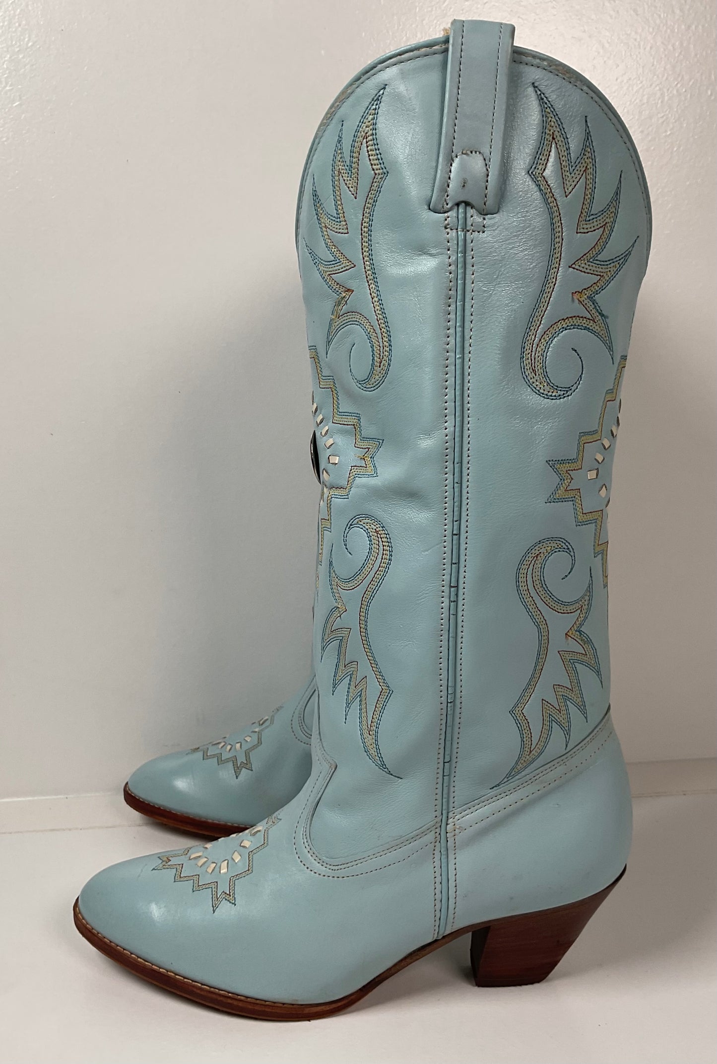 Vintage Dan Post Baby Blue Cowgirl Boots 8 M Native Design Recraft