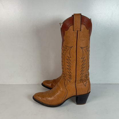 Vintage Justin Tall Cowgirl Boots 8 A Stitched Leaf Tooled Overlay