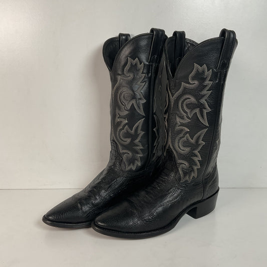 Vintage J Chisholm Exotic Ostrich Leg Cowboy Boots 9 D Classic Black USA Made