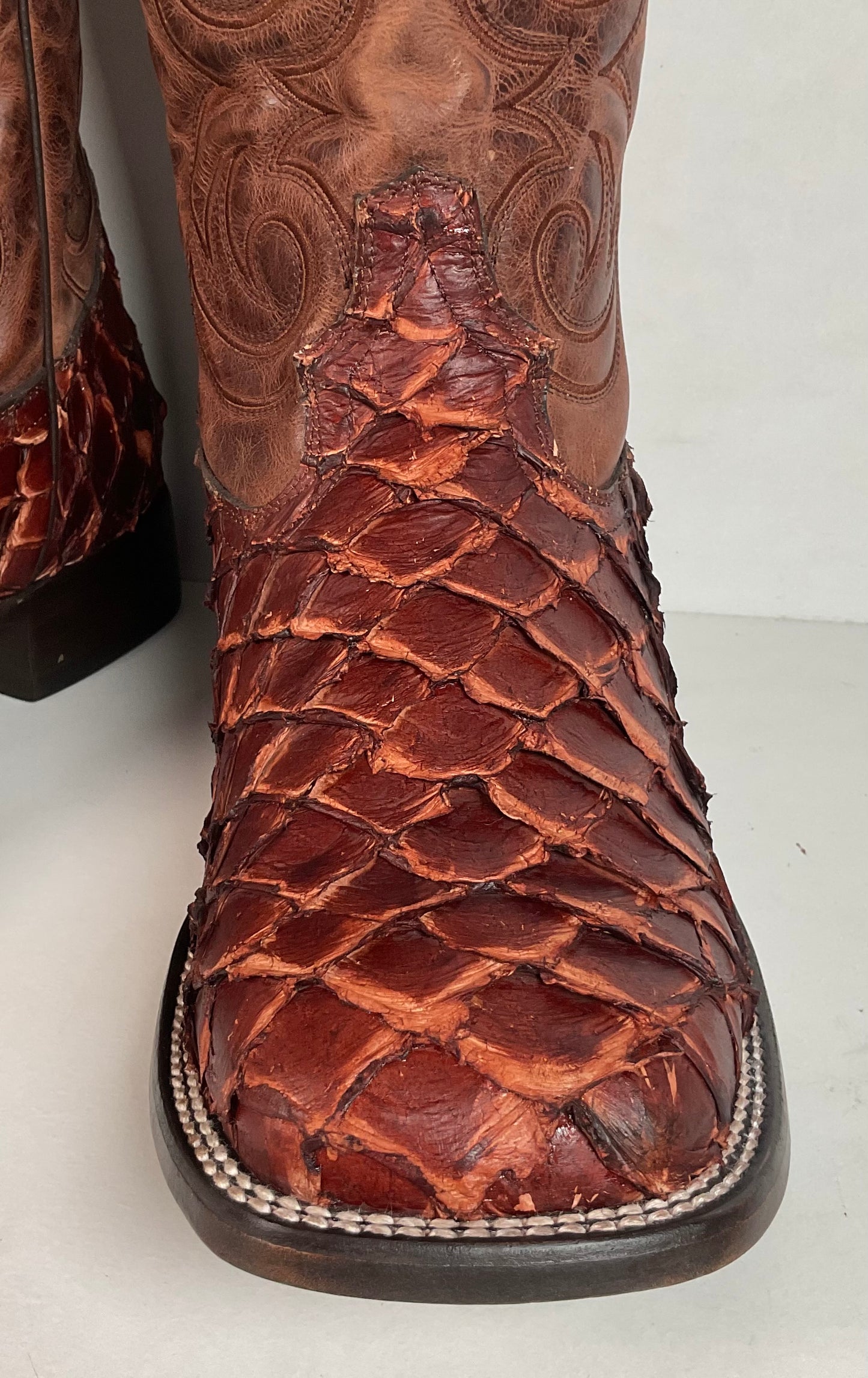 J. B. Dillon Exotic Pirarucu Cowboy Boots 11 EE Big Bass Square Toe
