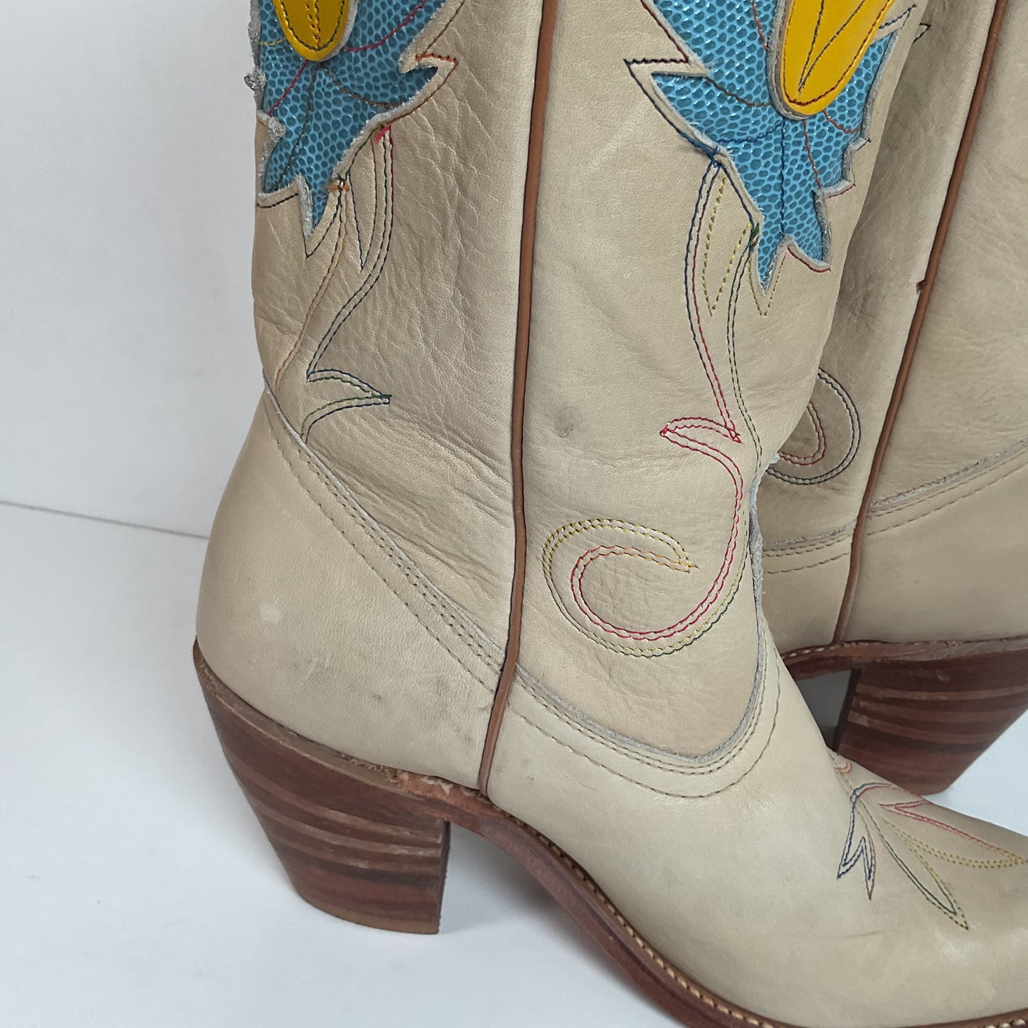 Vintage Miss Capezio Tulip Cowgirl Boots 7.5 M USA Made Rainbow Stitched