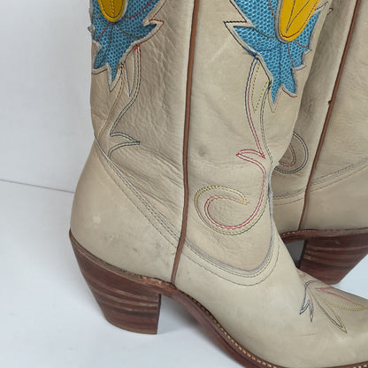 Vintage Miss Capezio Tulip Cowgirl Boots 7.5 M USA Made Rainbow Stitched