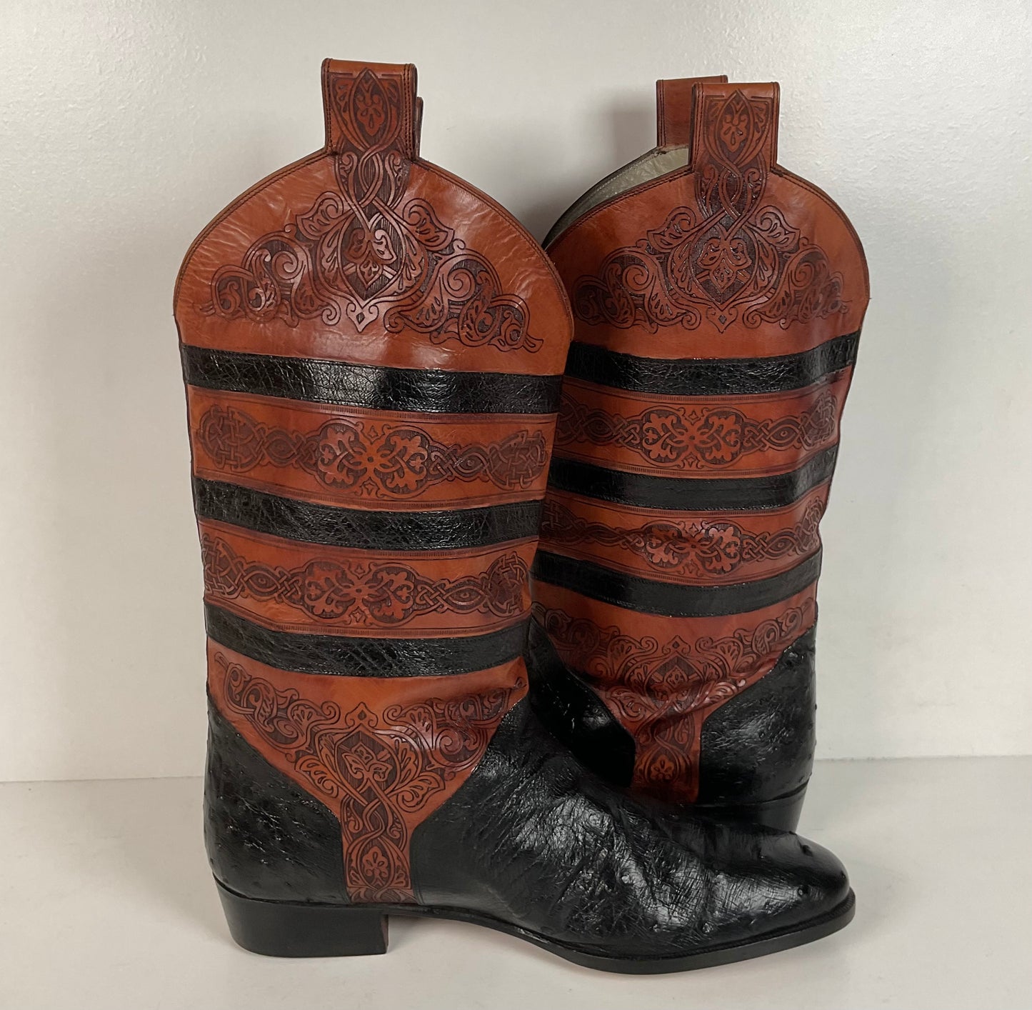 Vintage Lorenzo Banfi Ostrich Quill Bucket Boots | Tooled | Exotic | Men’s 9.5 M