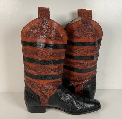 Vintage Lorenzo Banfi Ostrich Quill Bucket Boots | Tooled | Exotic | Men’s 9.5 M