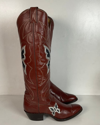 Vintage Justin 18” Butterfly Cowgirl Boots 5.5 C Snakeskin Inlay 70s