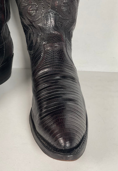 Vintage Dan Post Teju Lizard Cowboy Boots | USA Made | Black Cherry | Men’s 9 D