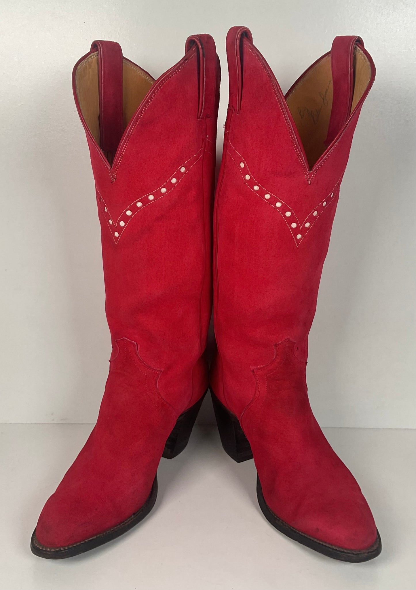 Vintage 70s Justin Red Suede Cowgirl Boots 6 B USA Made Rough Out