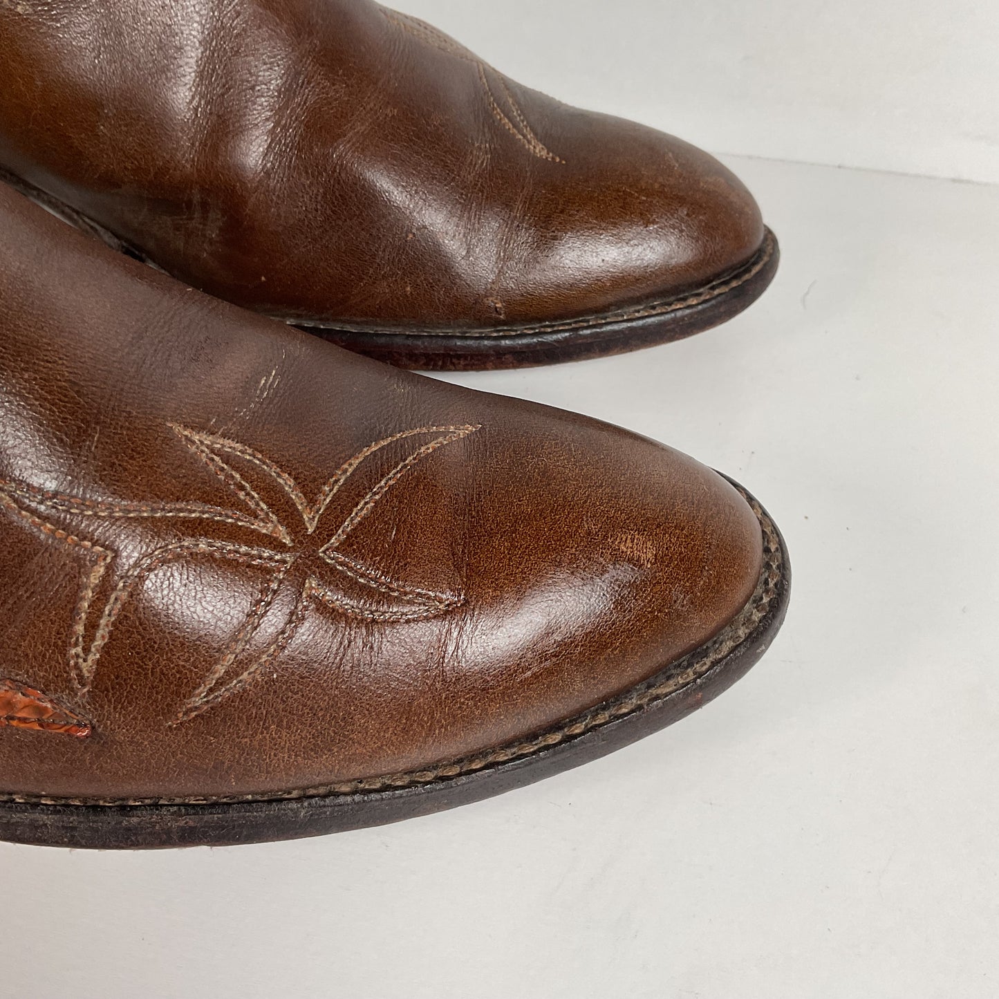 Vintage Dan Post Tall Tulip Cowgirl Boots 7.5 C Tooled Snakeskin Overlay
