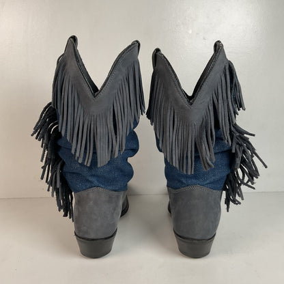 Vintage Wrangler Denim Fringe Cowgirl Boots 8.5 M USA Made Shorty