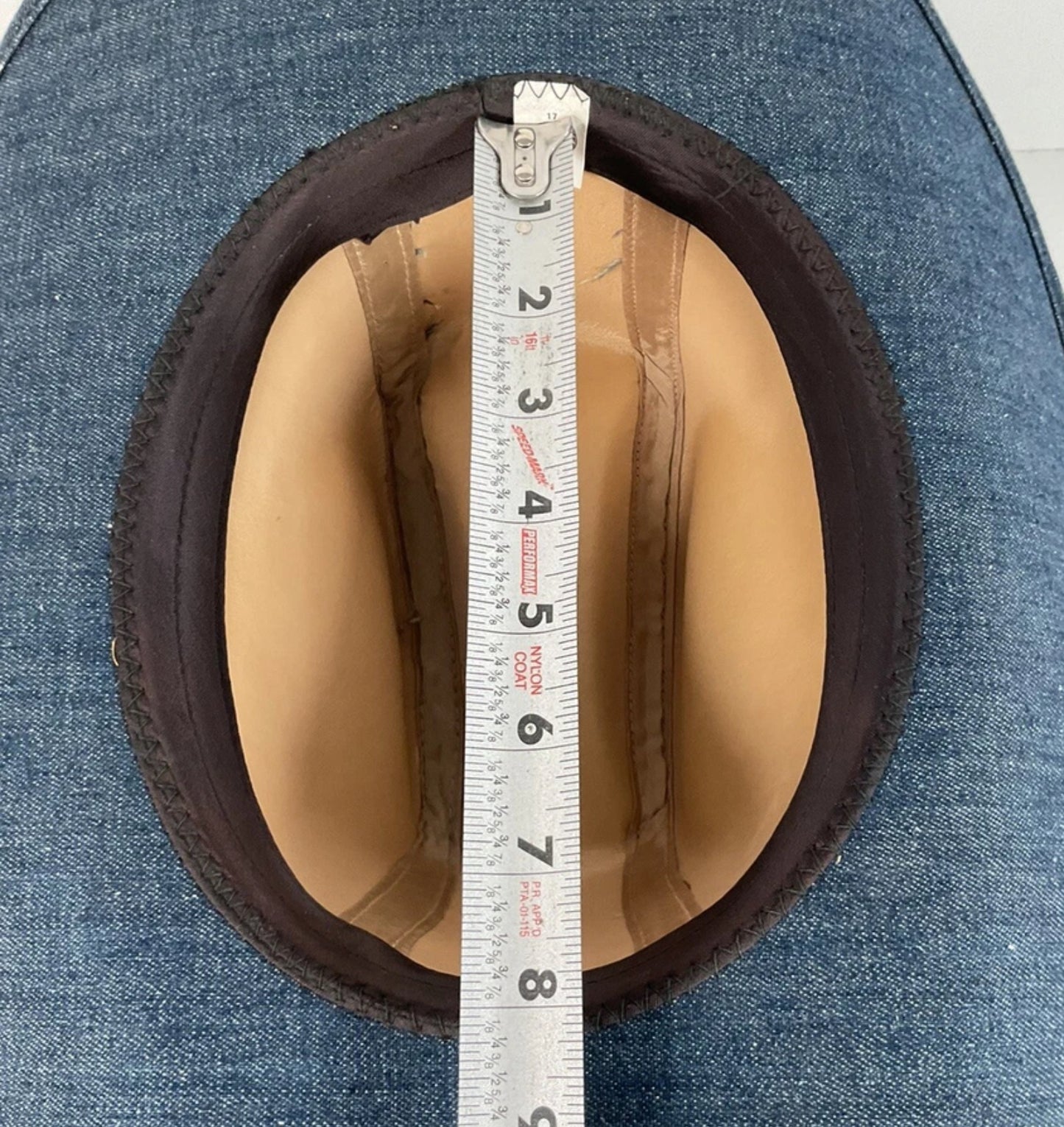 Vintage Blue Denim Cowboy Hat Large USA Union Made Brass Horse Accent