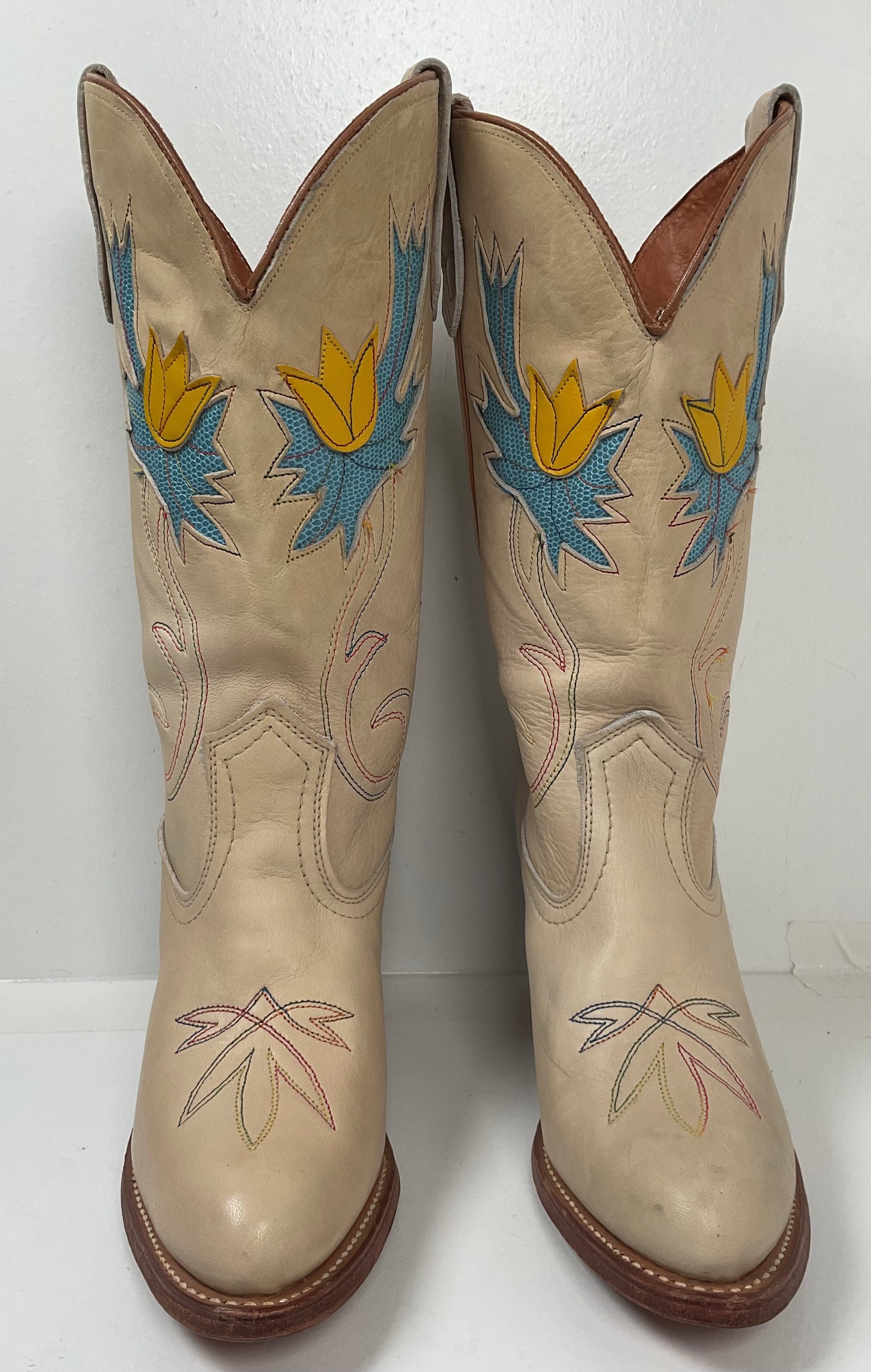 Vintage Miss Capezio Tulip Cowgirl Boots 7.5 M USA Made Rainbow Stitched