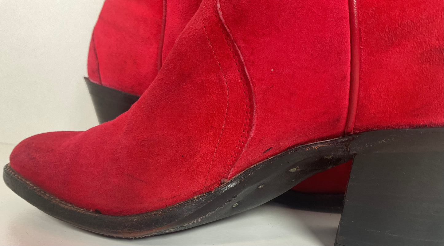 Vintage 70s Justin Red Suede Cowgirl Boots 6 B USA Made Rough Out