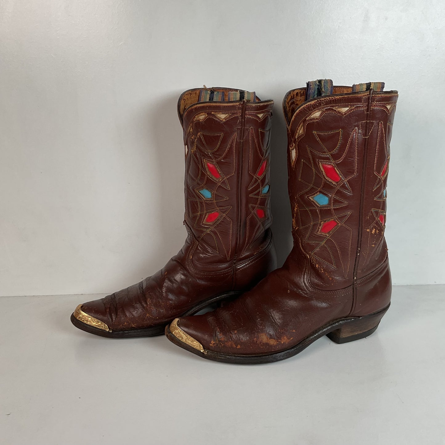 1940s Pee Wee Cowboy Boots Men’s 7 D Spiderweb Inlay Cloth Pull Thrashed