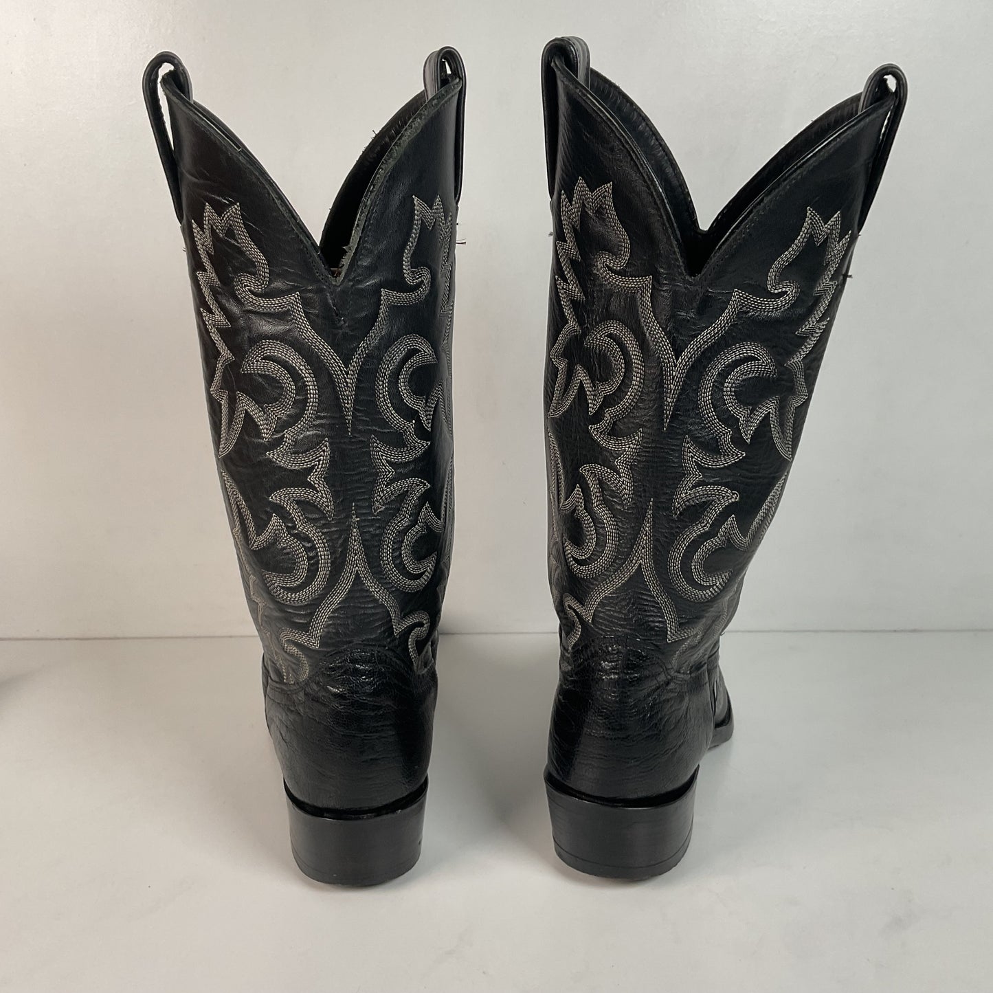 Vintage J Chisholm Exotic Ostrich Leg Cowboy Boots 9 D Classic Black USA Made