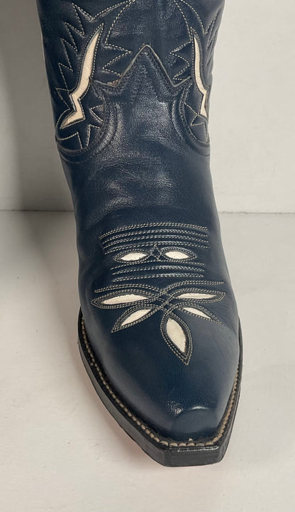 Vintage Tony Lama Blue Tooled Cowboy Boots Men’s 7 D | Women’s 8 Gold Label