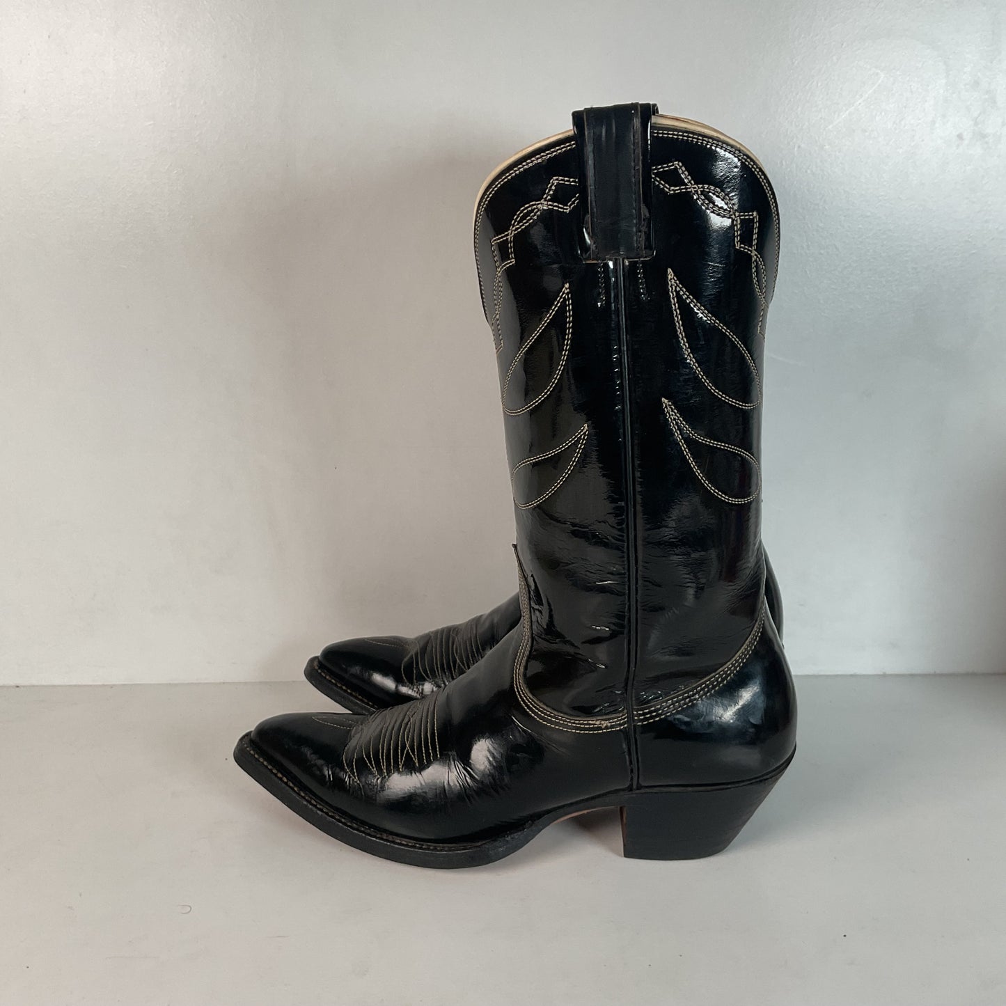 Vintage Nocona Patent Leather Cowboy Boots 9 D Glossy Old Black Label