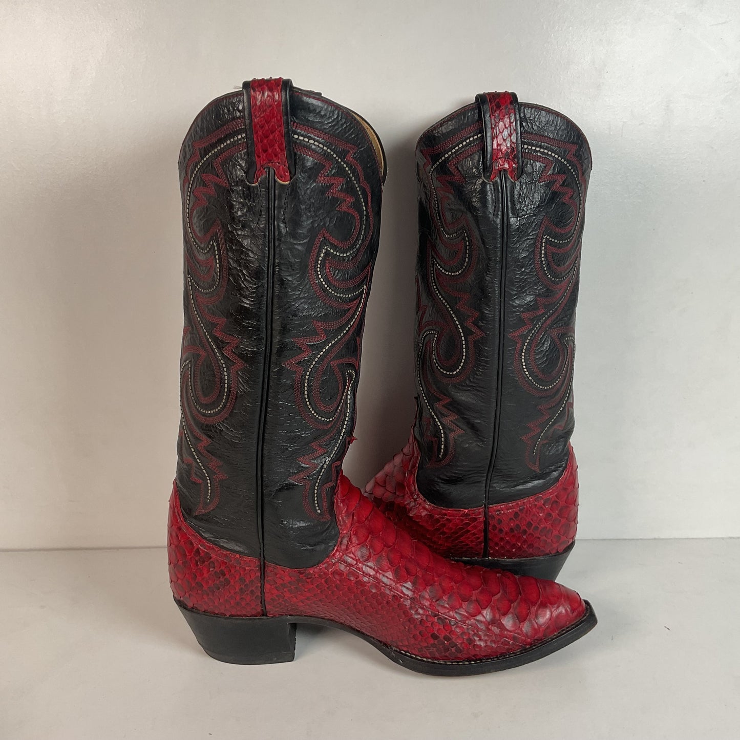 Vintage Larry Mahan Cherry Red Python Snakeskin Cowboy Boots 9.5 D Back Cut