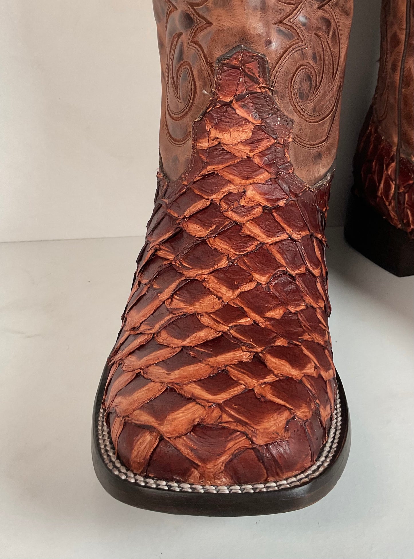 J. B. Dillon Exotic Pirarucu Cowboy Boots 11 EE Big Bass Square Toe