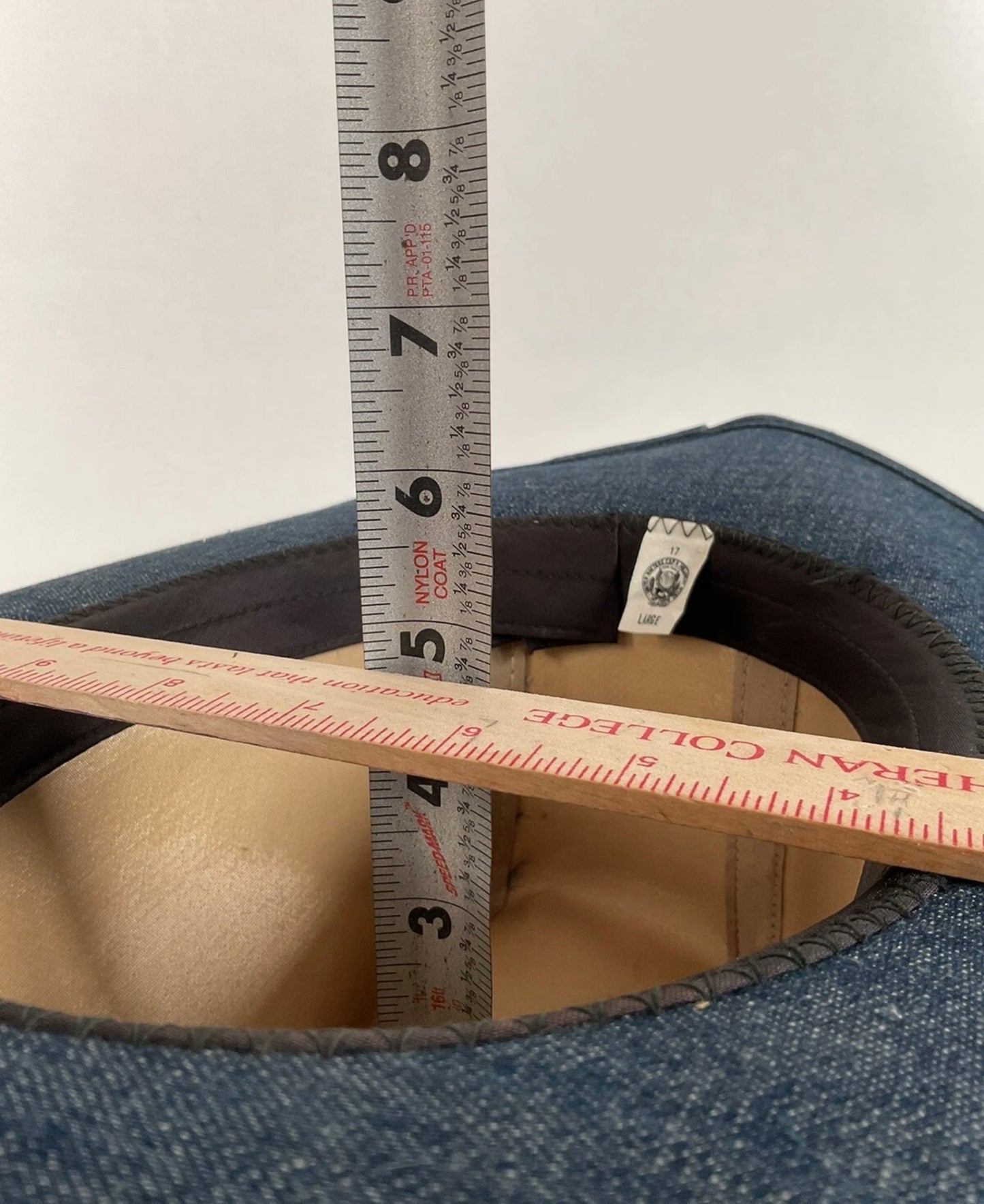 Vintage Blue Denim Cowboy Hat Large USA Union Made Brass Horse Accent