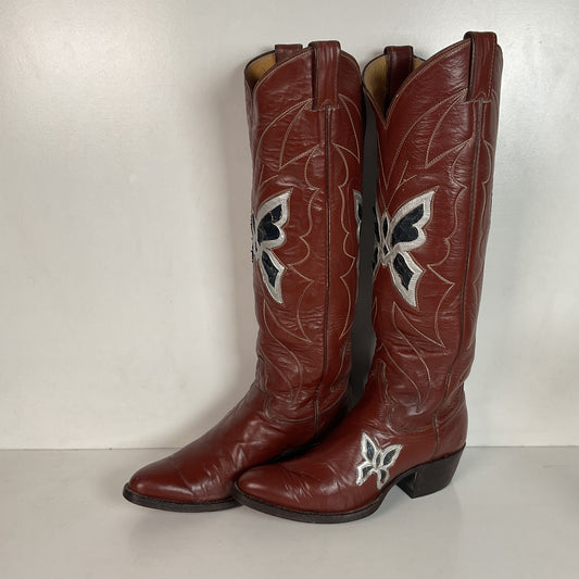 Vintage Justin 18” Butterfly Cowgirl Boots 5.5 C Snakeskin Inlay 70s