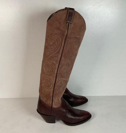 Vintage Larry Mahan Teju Lizard Cowgirl Boots | Pig Skin Suede Shaft | 6.5 B