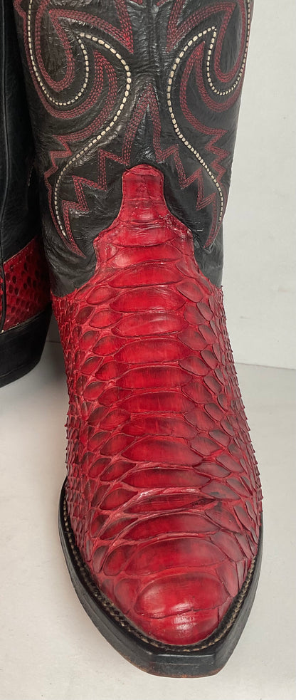 Vintage Larry Mahan Cherry Red Python Snakeskin Cowboy Boots 9.5 D Back Cut