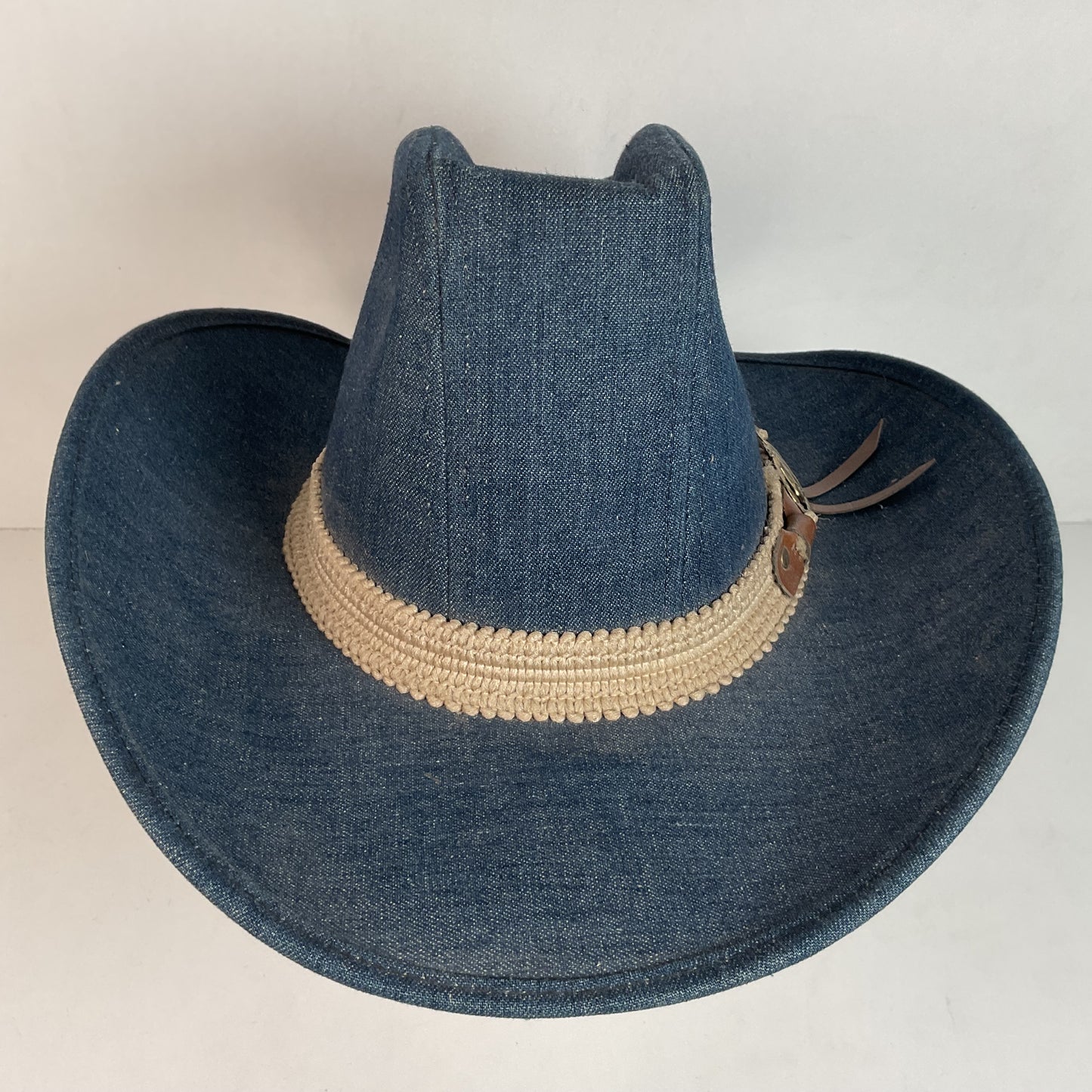 Vintage Blue Denim Cowboy Hat Large USA Union Made Brass Horse Accent