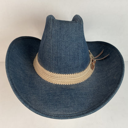 Vintage Blue Denim Cowboy Hat Large USA Union Made Brass Horse Accent