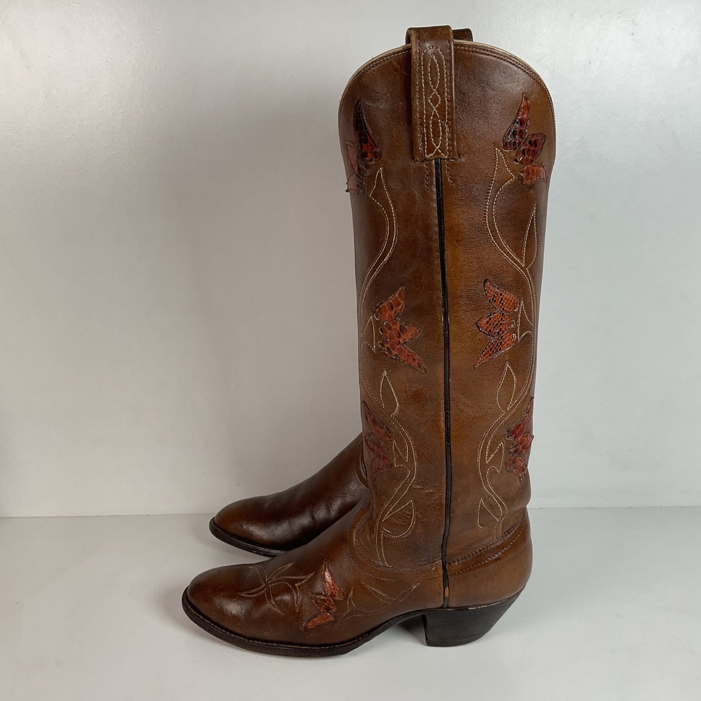 Vintage Dan Post Tall Tulip Cowgirl Boots 7.5 C Tooled Snakeskin Overlay