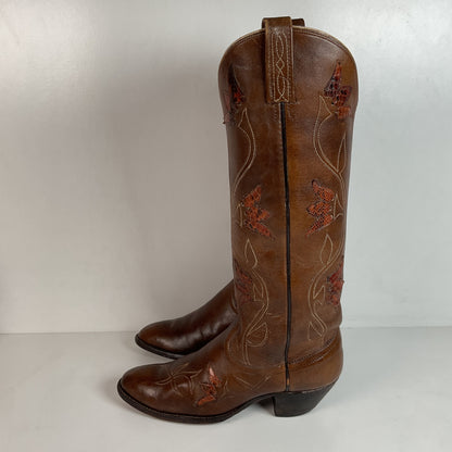 Vintage Dan Post Tall Tulip Cowgirl Boots 7.5 C Tooled Snakeskin Overlay