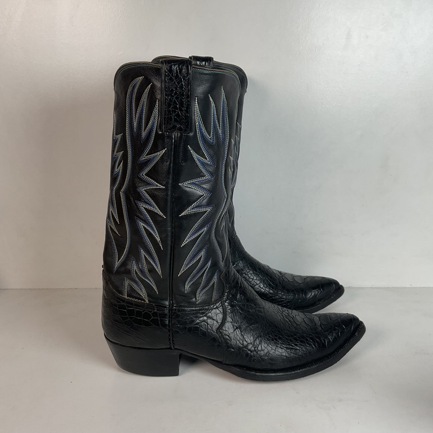 Vintage 1960s Justin Black Sea Turtle Cowboy Boots 10 D USA Made Fort Worth Label Pre-Ban