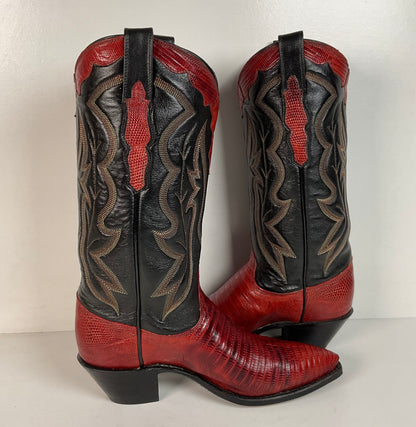 Vintage Dan Post Teju Lizard Cowgirl Boots | Tooled Overlays | Women’s 7.5