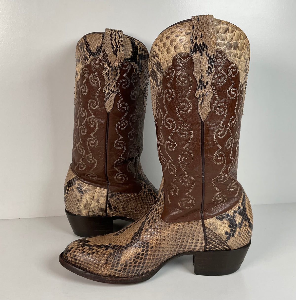 Vintage Longhorn Cowboy Boots | Python Snakeskin | Tooled Overlays | Men’s 9 D
