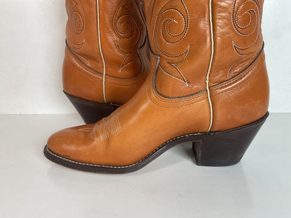 Vintage 1970s Acme Tooled Flower Inlay Cowgirl Boots 6.5 M USA Made