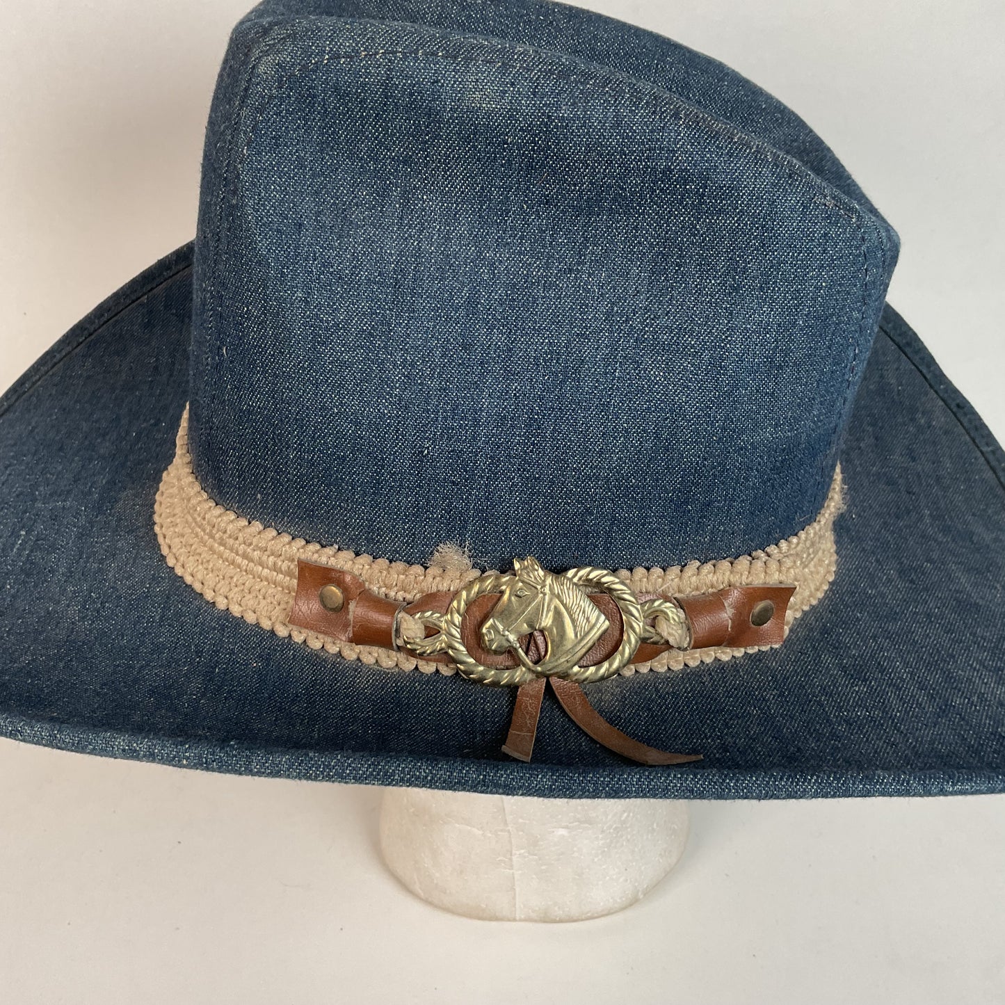 Vintage Blue Denim Cowboy Hat Large USA Union Made Brass Horse Accent