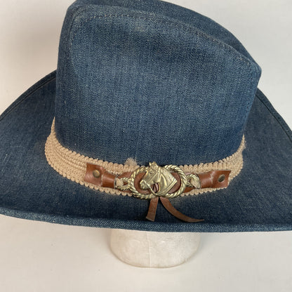Vintage Blue Denim Cowboy Hat Large USA Union Made Brass Horse Accent