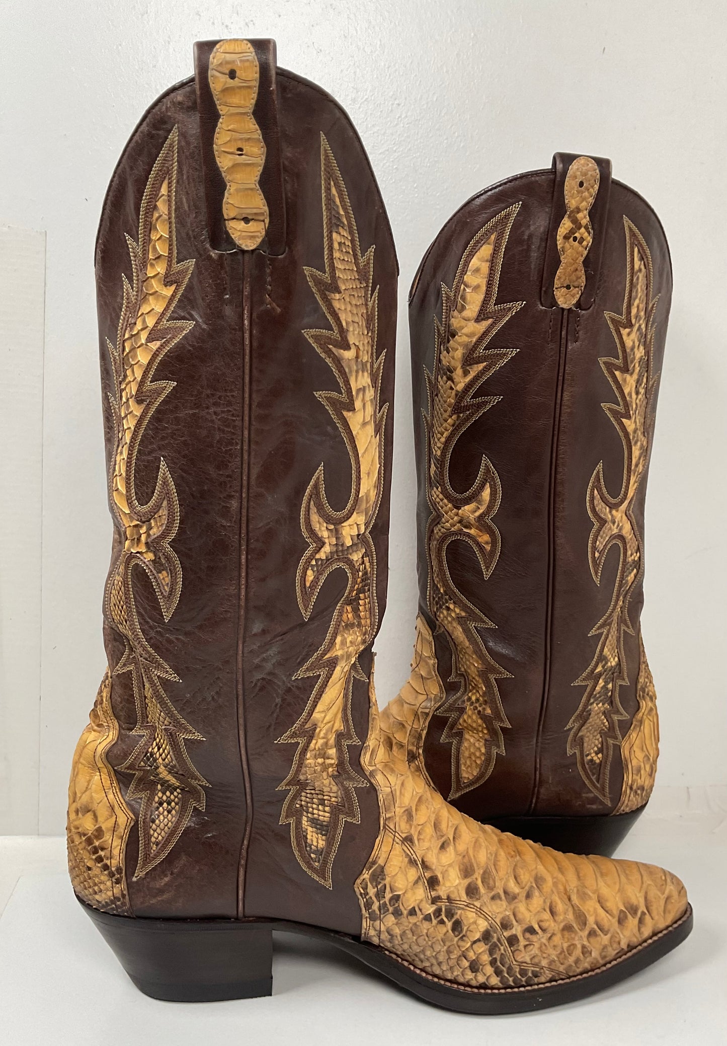 Vintage Dan Post Python Snakeskin Cowboy Boots 11 D Triad Inlay Spain