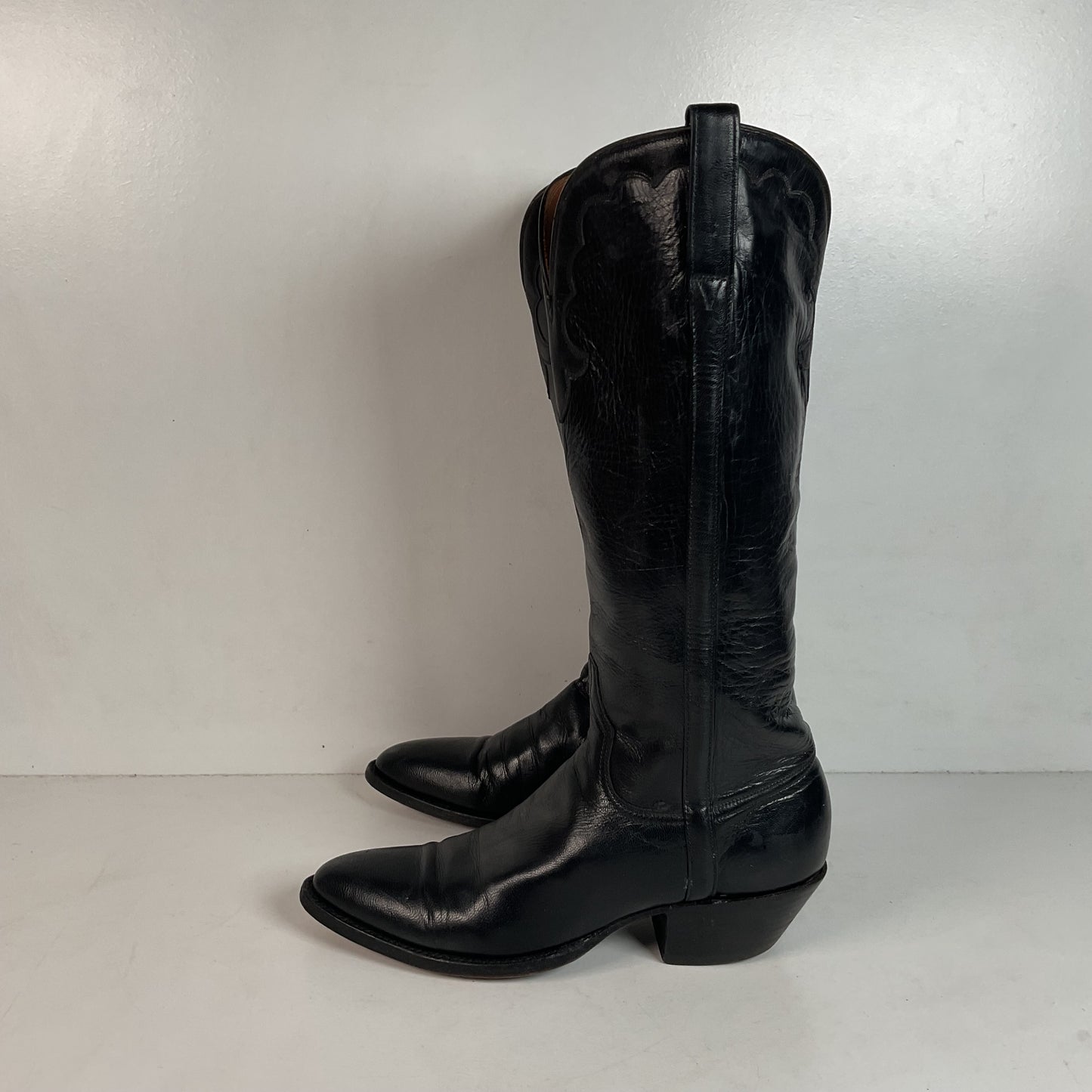 Vintage Lucchese Tall Cowgirl Boots 7 B USA Made Black Calf Skin