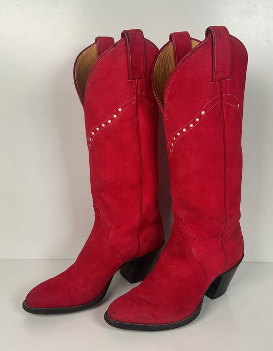 Vintage 70s Justin Red Suede Cowgirl Boots 6 B USA Made Rough Out