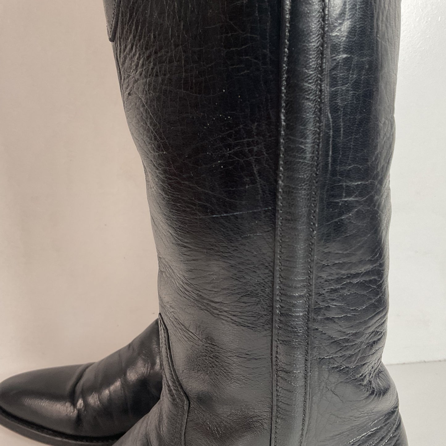 Vintage Lucchese Tall Cowgirl Boots 7 B USA Made Black Calf Skin