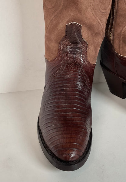 Vintage Larry Mahan Teju Lizard Cowgirl Boots | Pig Skin Suede Shaft | 6.5 B