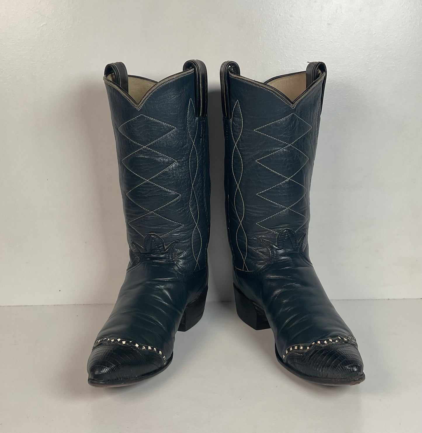 Vintage Tony Lama Navy Blue Cowgirl Boots 5.5 B Gold Label Lizard Wingtip