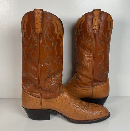Vintage Dan Post Smooth Ostrich Cowboy Boots | Exotic | Tooled Overlay | 10.5 D