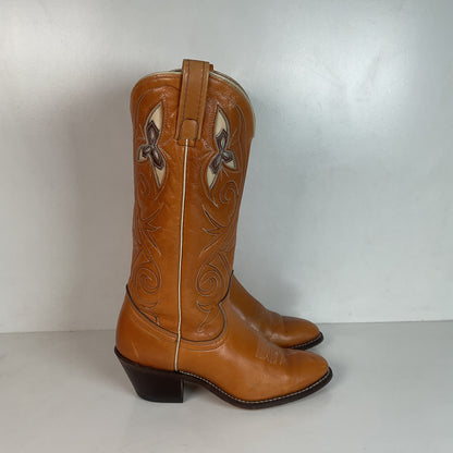 Vintage 1970s Acme Tooled Flower Inlay Cowgirl Boots 6.5 M USA Made
